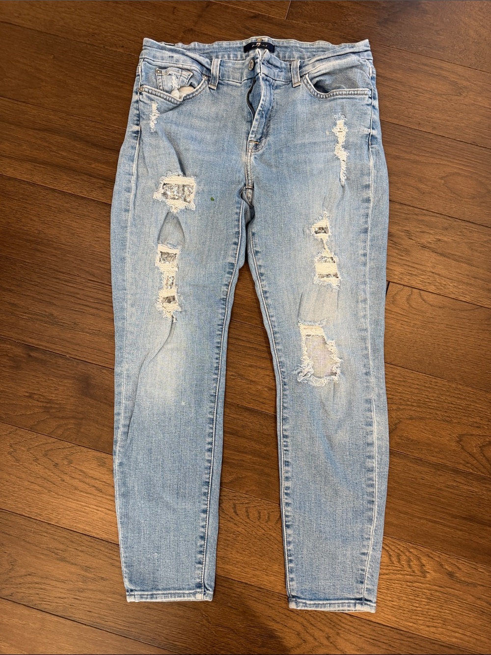 7 For All Mankind Light Blue Distressed Skinny Jeans w/ Glitter Size 30 - C8-064